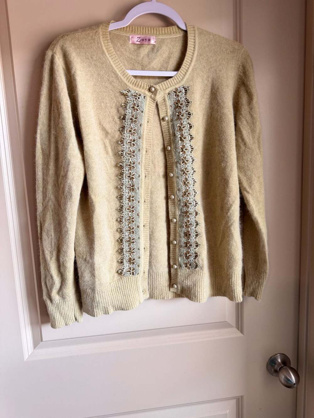 Angora Blend light green Beaded Lace Trim Cardigan Sweater